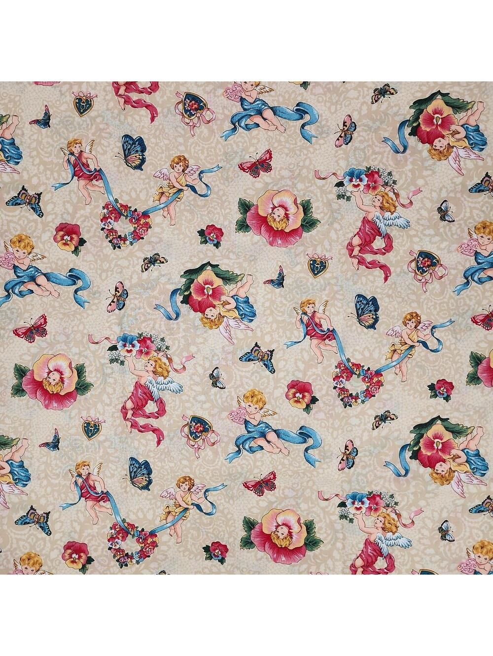 Cherubs & Flowers by Cynthia Hart's Collection Cotton Fabric Remnant 72×44.5 In